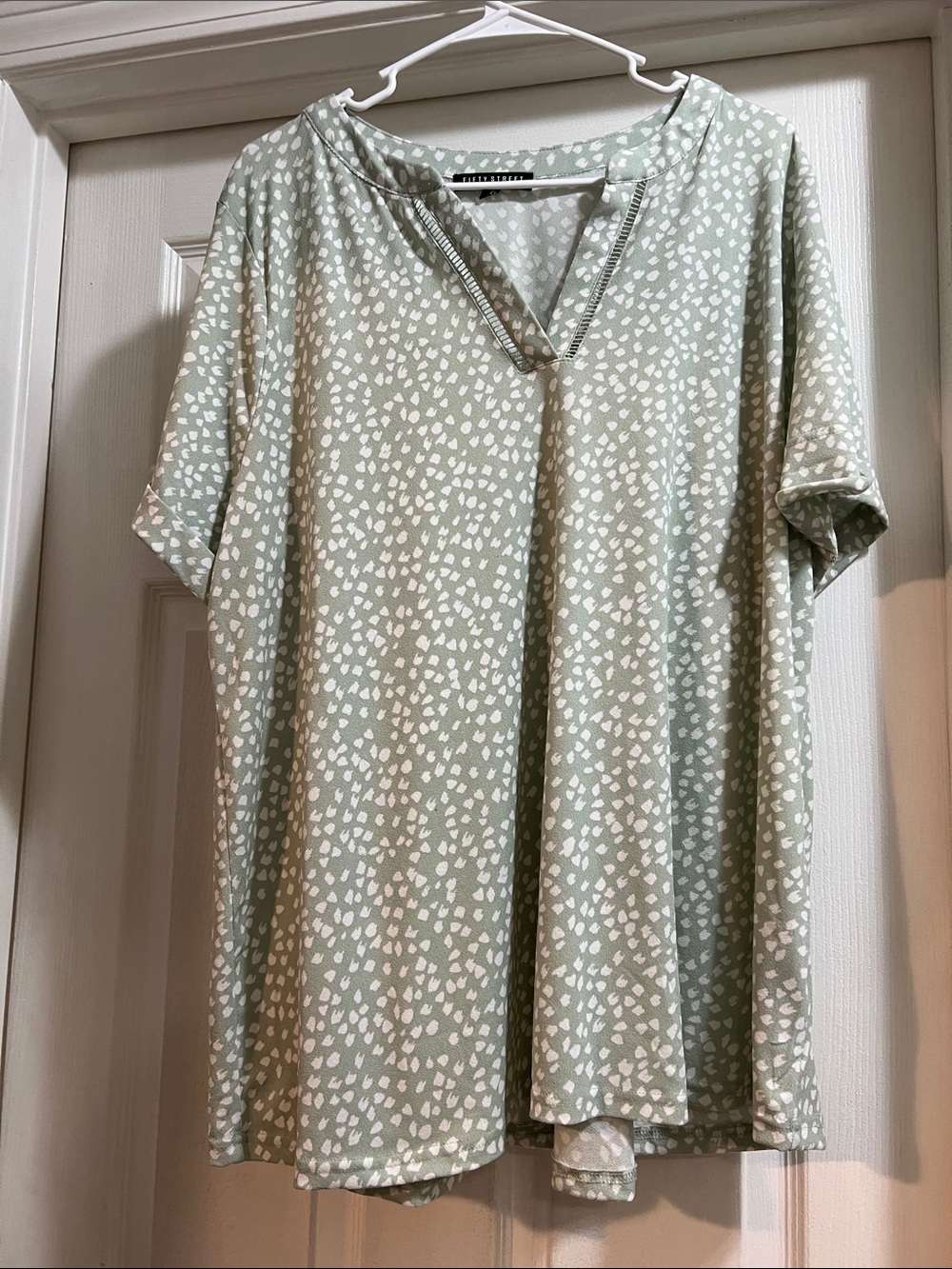 Relaxed Sage Green V-Neck Blouse with Subtle White Dot Print